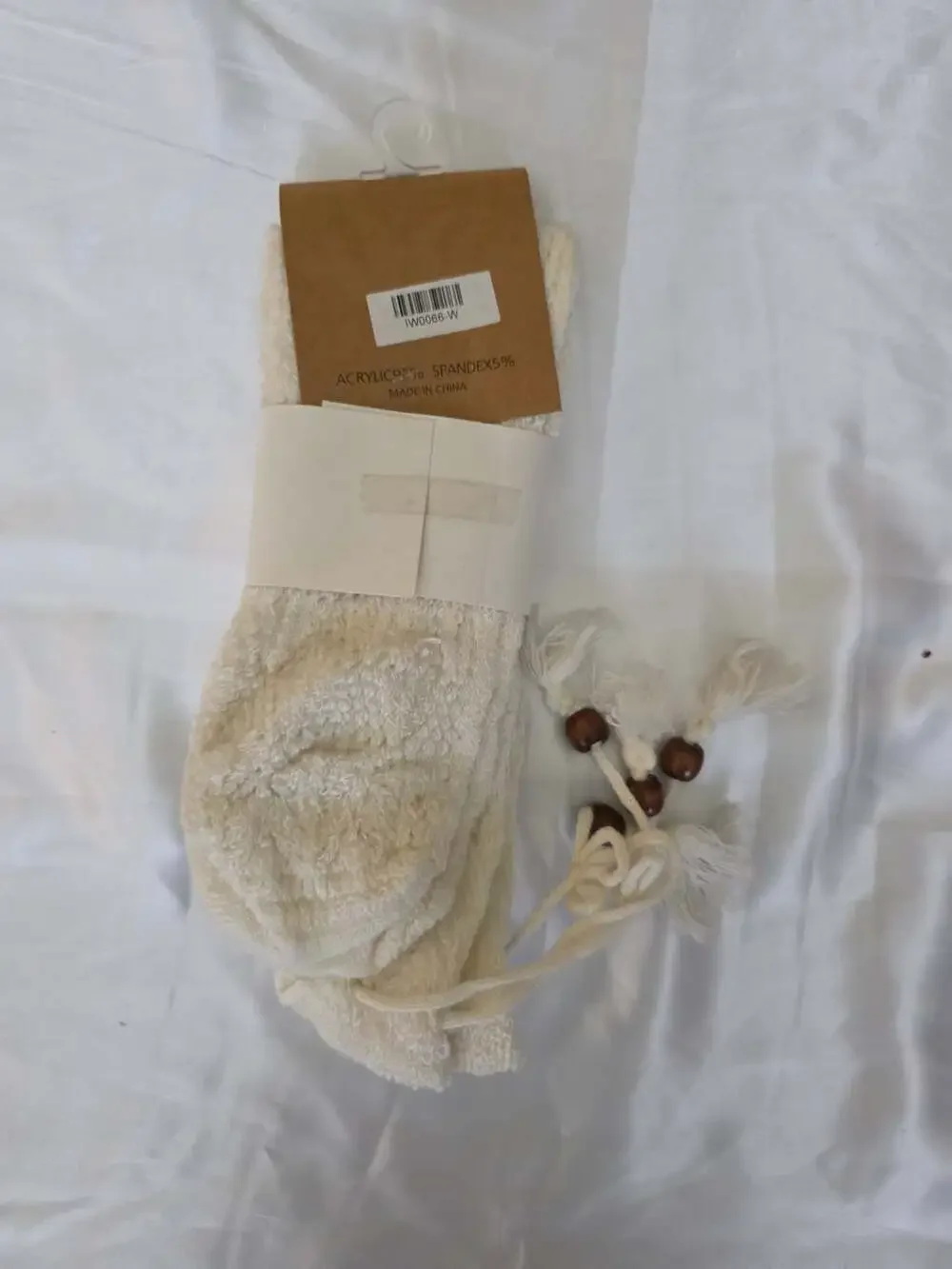 NWT Knee-High Socks Acrylic Spandex Ivory Knit With Tassels And Beads